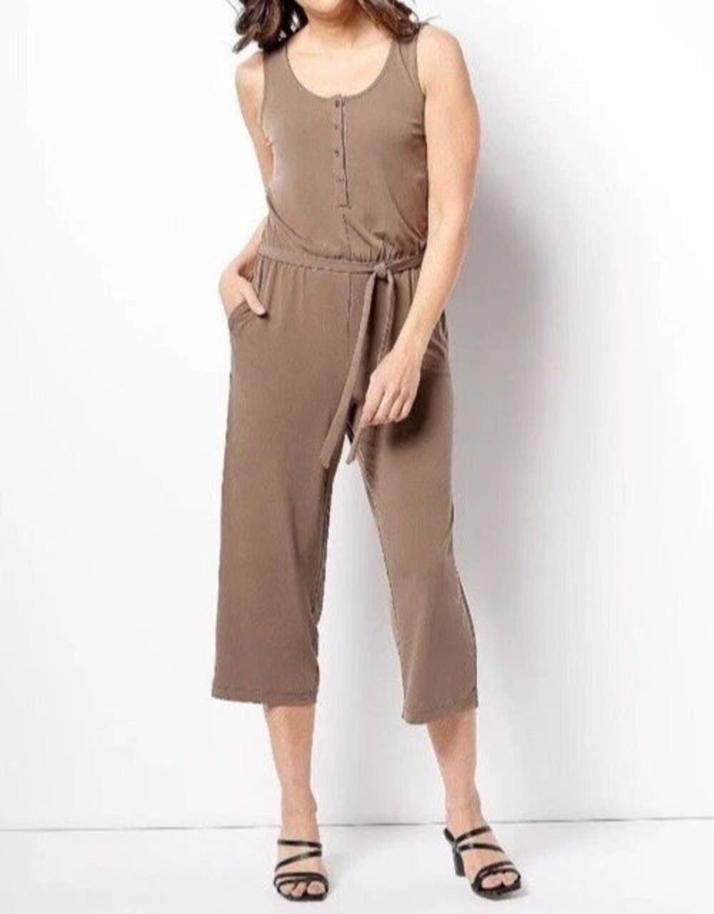 New!  Susan Graver 2X Jumpsuit Liquid Knit Cropped Smooth Fluid Light Olive Grn